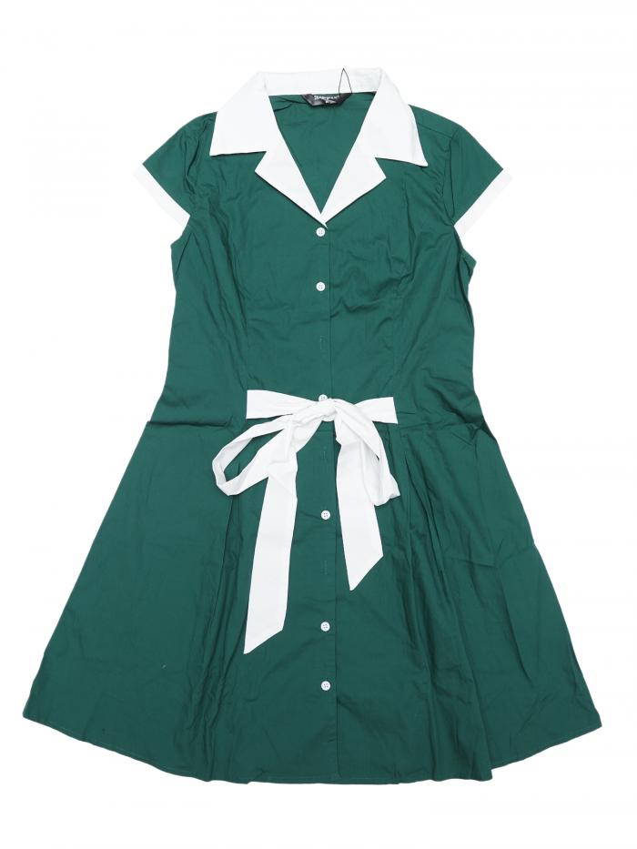 Allegra K Aラインシャツドレス コントラストカフス ボタンフロント ベルト付き 膝上 レギュラーフィット キャンプ襟 レディース ダークグリーン XL