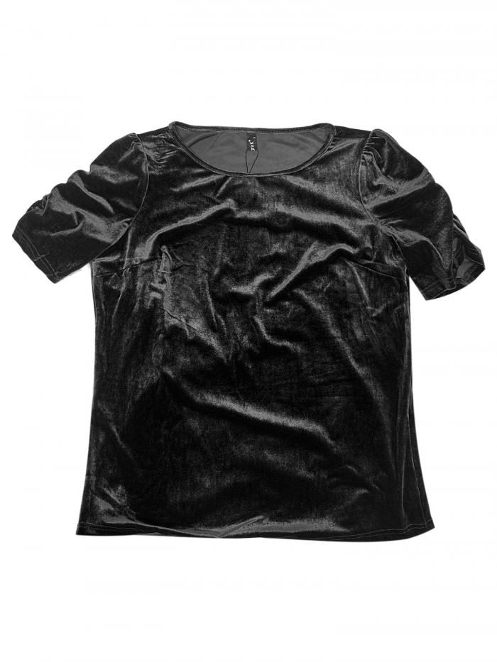 Allegra K レディース ベルベット トップス ラウンドネック パフ 半袖 パーティー クラブウェア ブラウス ブラック XL