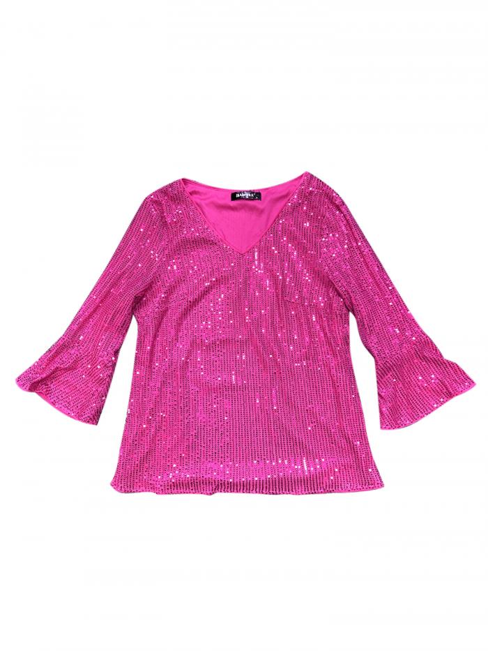 Allegra K レディース スパンコール トップス 3/4 ベルスリーブ Vネック メタリック パーティー ブラウス ホットピンク S