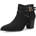 Allegra K レディース ポインテッドトゥ バックル装飾 クロスストラップ ブロックヒール アンクルブーツ ブラック 26.0cm