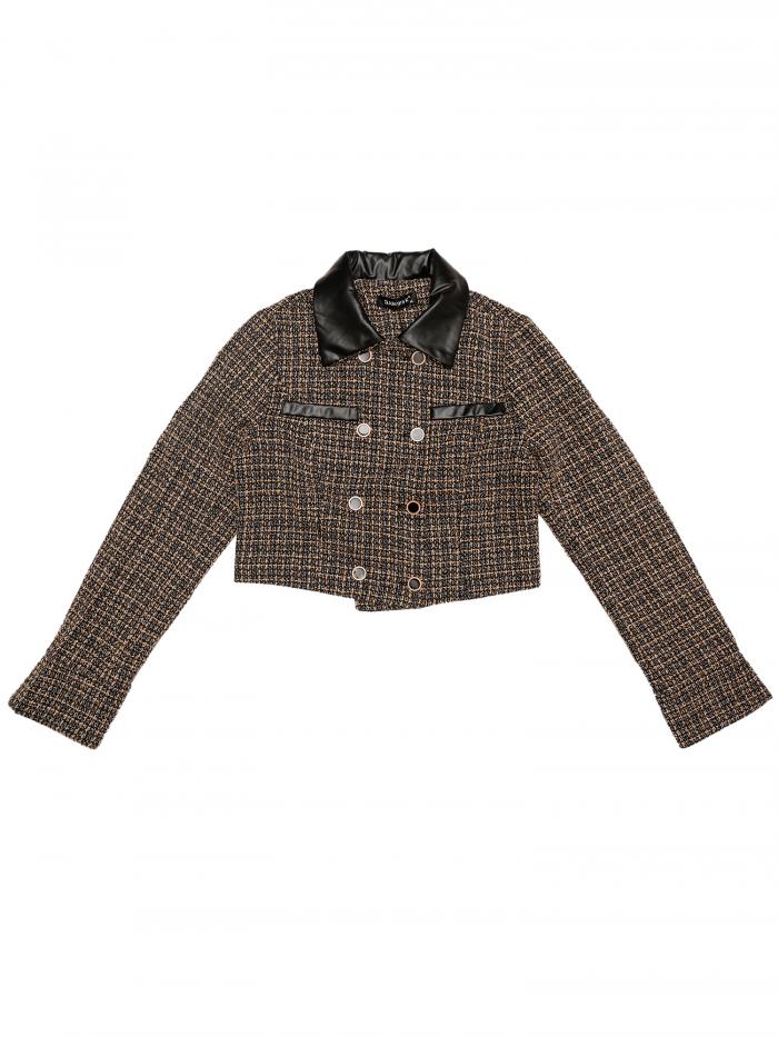 Allegra K チェック柄 ブレザー ツイード クロップド ジャケット コントラスト ダブルブレスト ヴィンテージ レディース カーキ M