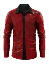 Lars Amadeus メンズ 光沢 あるメタリックシャツ 長袖 グリッター トップス パーティー ディスコカラーシャツ スリム レッド 2XL