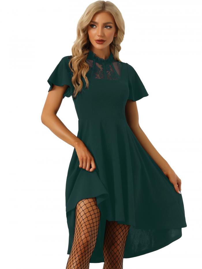Allegra K ミディドレス レースワンピース フラッタースリーブ メッシュ ハイトネック カジュアル レディース ダークグリーン XS