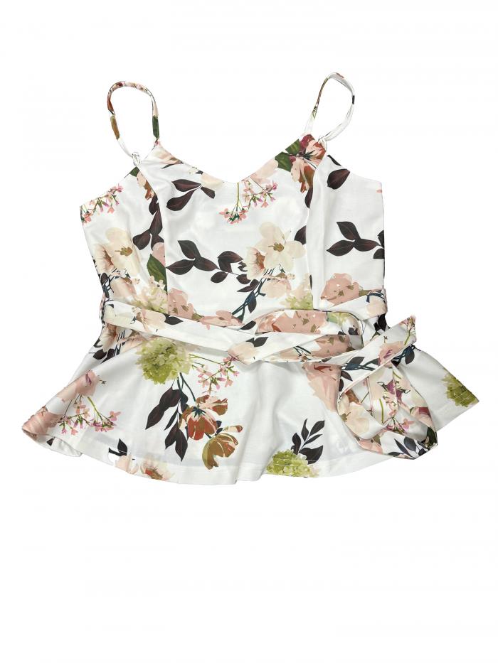 Allegra K 花柄ブラウス タンクトップ ノースリーブ キャミソール Vネック タイウエスト ペプラム レデ..