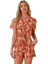 Allegra K ハワイアンシャツ ショーツセット トロピカル 夏 ビーチ 旅行 レディース ダークレッド XL