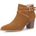 Allegra K レディース ポインテッドトゥ バックル装飾 クロスストラップ ブロックヒール アンクルブーツ ブラウン 24.5cm
