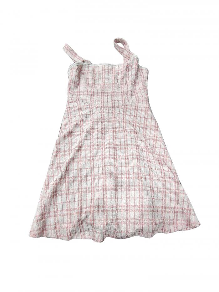 Allegra K レディース ツイードドレス ノースリーブ スクエアネック チェック柄 Aライン ピナフォア オーバーオールドレス ピンク M