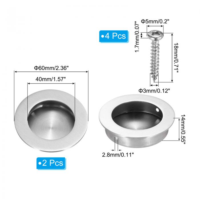 PATIKIL 直径60 mm 丸型埋め込み式ドア取手 2個 304ステンレススチール フィンガープルキャビネットハンドル スライドドアキャビネット引き出し用 シルバー