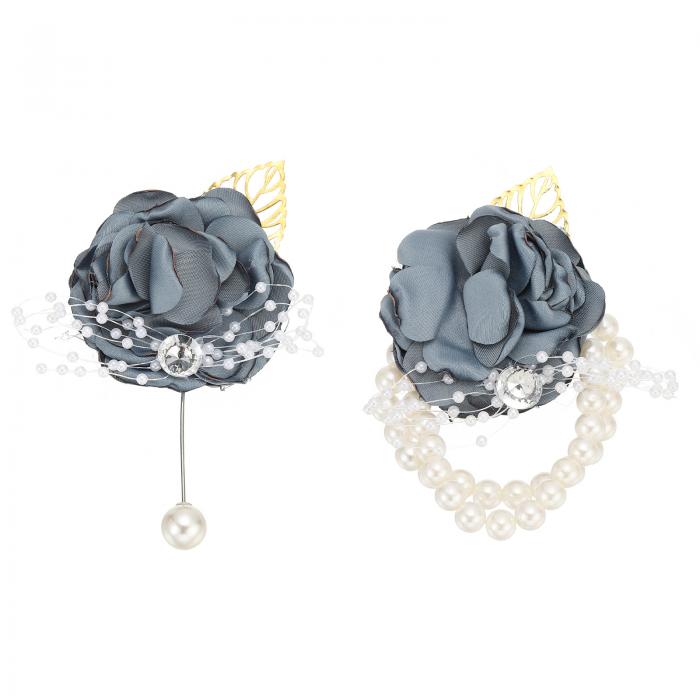 PATIKIL ローズブ ライズメイドリストフラワーコサージュ 人工ローズフラワーリストコサージュブートニアブ ライドリストコサージュウェディングパーティーセレモニーブルー(3)