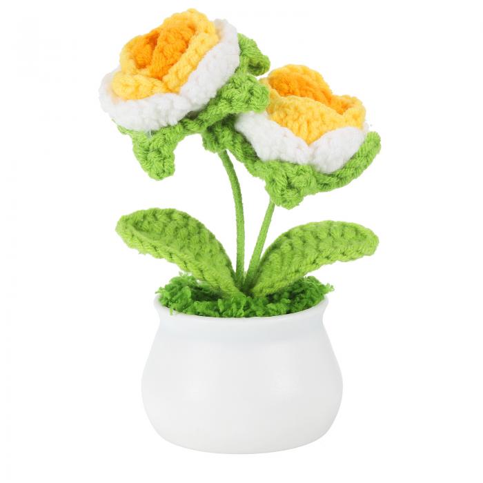 PATIKIL クロシェフラワー 鉢植え 2つ ヘッドローズフラワー 手作り ニットミニ鉢植え バレンタインギフト 家庭やオフィス テーブル 装飾に最適 グラデ...