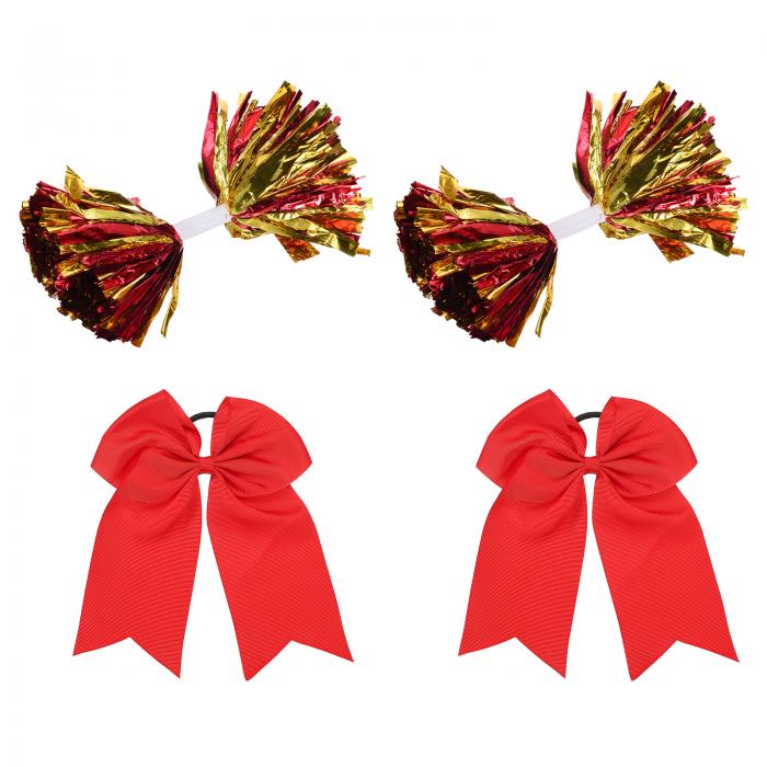 PATIKIL チアリーディングポンポン 2個セット チアリーダーポンポン バトンハンドル付き 2個 レッドい大きなチアリーダーヘアボウ スポーツ ダンス パーティー チーム精神用（レッド 金）