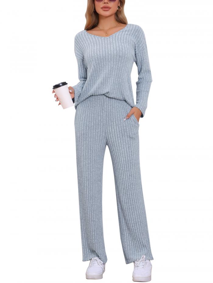 cheibear レディース ラウンジ リブニット Vネック 長袖 パンツ付き パジャマ カジュアル スリープウェア パジャマセット ブルー S