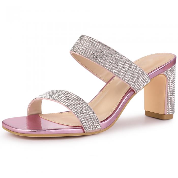 Allegra K ミュールサンダル スライトサンダル ラインストーン スクエアトゥ チャンキーヒール レディース ピンク 23.5 cm