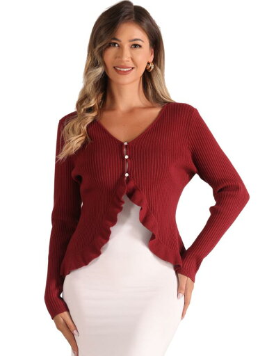 Allegra K レディース 長袖 シュラッグ ボタン ストレッチ フリル Vネック セーター カーディガン ニット ダークレッド XL Allegra K レディース 長袖 シュラッグ ボタン ストレッチ フリル Vネック セーター カーディガン ニット ダークレッド XL