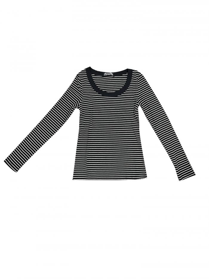 Allegra K レディース ストライプシャツ ストレッチ スクープネック 長袖 カジュアル ベーシックトップ ブラック L