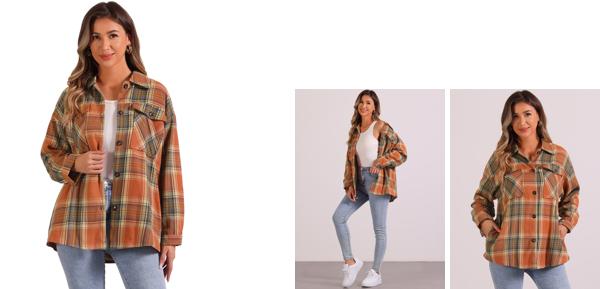 Allegra K レディース カジュアル ドロップショルダー ルーズ チェックシャツ オレンジ M