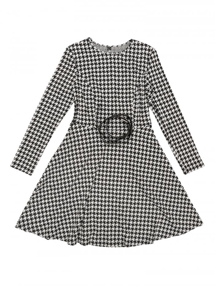 Allegra K 千鳥格子柄ドレス レディース ラウンドネック 長袖 ベルトポケット Aラインドレス ブラック ホワイト 混じ XL