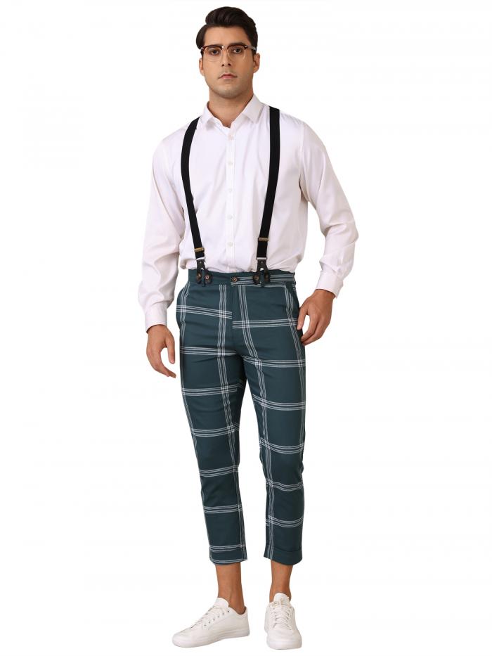 Lars Amadeus メンズ チェック柄 クロップドパンツ テーパードレッグ フォーマルチェックパンツ サスペンダー付き グリーン S