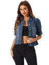 Allegra K ジーンズジャケット カーディガン ウォッシュド デニム ショート パフスリーブ ボタンダウン レディース ダークブルー M