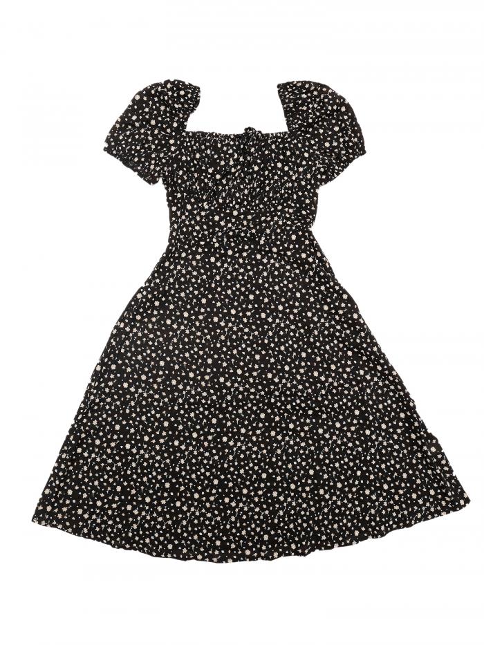 Allegra K ワンピース ハートネック 花柄ドレス パフスリーブ 半袖 Aライン スモックバック フリルヘム フローラルドレス レディース ブラック M