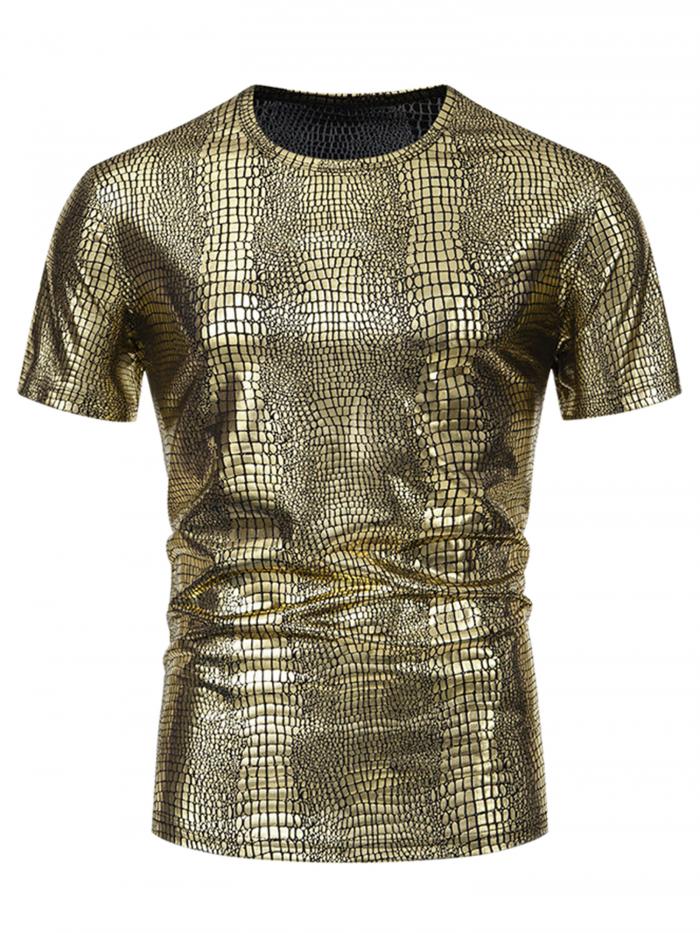 Lars Amadeus メタリック アニマル プリント Tシャツ メンズ 半袖 ディスコパーティーTシャツ ゴールデン XL