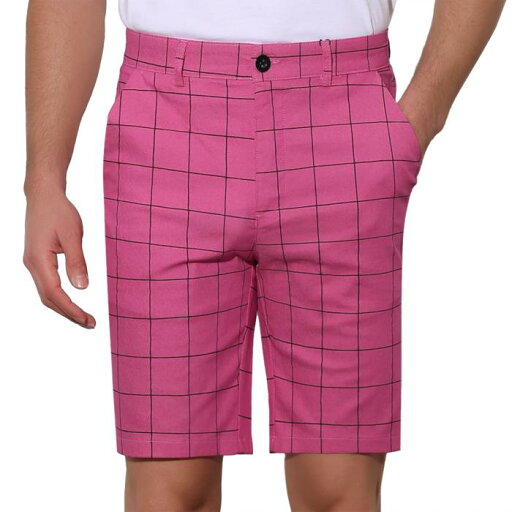 Lars Amadeus チェック柄ショーツ ショートパンツ サマー スリムフィット フラットフロント メンズ ローズレッド 28 Lars Amadeus チェック柄ショーツ ショートパンツ サマー スリムフィット フラットフロント メンズ ローズレッド 28