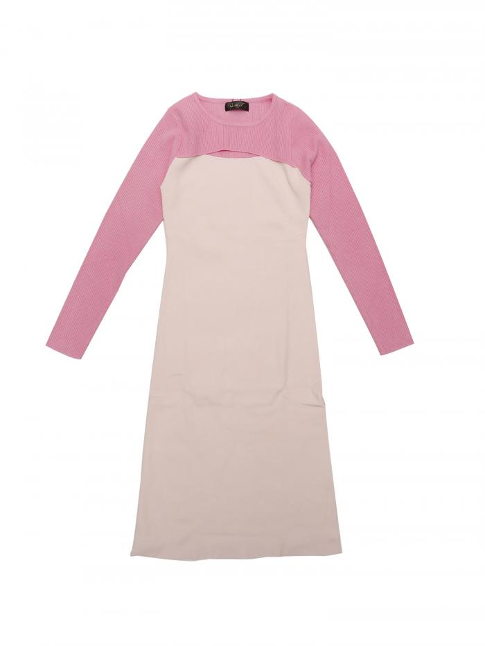 Seta T ワンピース 秋冬 長袖 カットアウト ラウンドネック カラーブロック スリット裾 ニット セータードレス ミディドレス レディース ピンク-ライトピンク XL