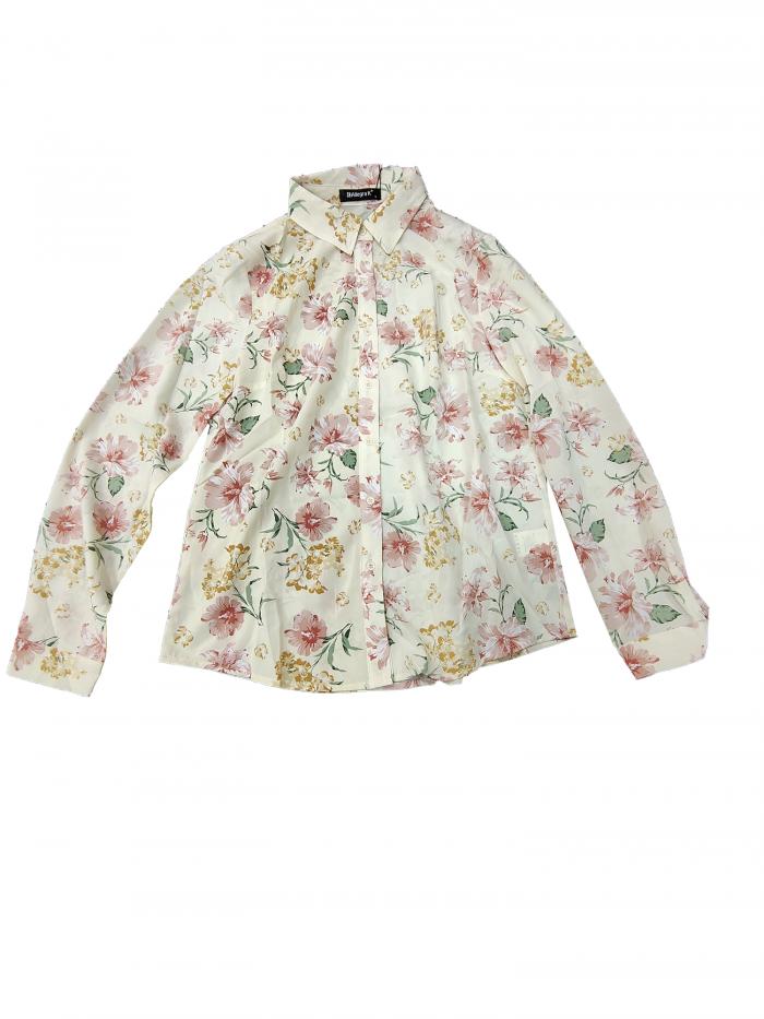 Allegra K 花柄シャツ ブラウス 長袖 おしゃれ ボタンダウン 通勤 オフィス カジュアル レディース ライトイエロー S