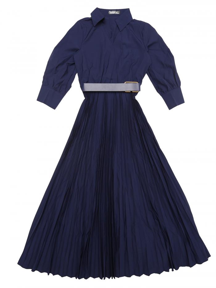 Allegra K ドレッシー カジュアルプリーツドレス レディース カラーVネックベルト付きマキシドレス ダークネイビー 2XL