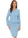 Allegra K ビジネススーツ ブレザー ペンシルスカート 長袖 ノーカラー 無地 ペプラム 2点セット 通勤 レディース ライトブルー M(4)