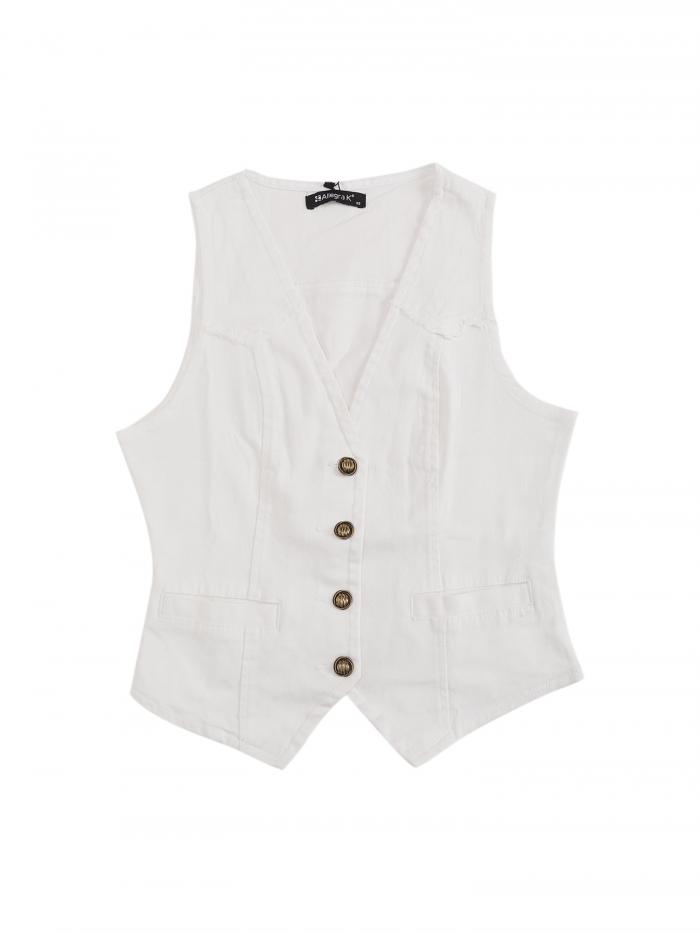 Allegra K デニムベスト ジーンズジャケット ノースリーブ ノーカラー ウォッシュ加工 ダメージ加工 レディース ホワイト S