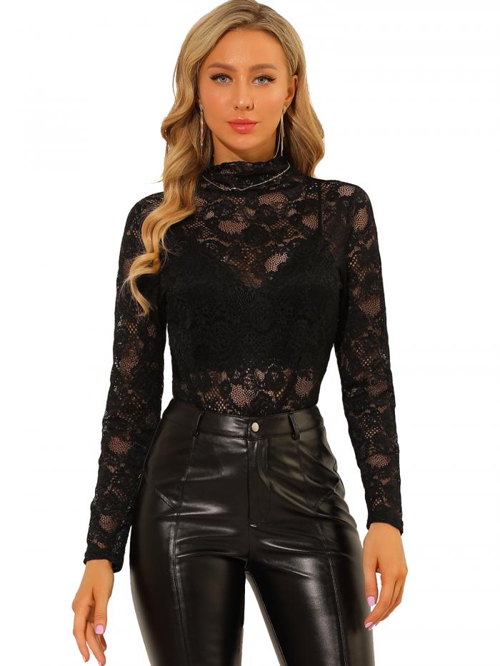 Allegra K シアー 花柄 レースブラウス トップス 長袖 モックネック レディース ブラック 2XL