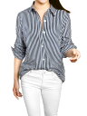 Allegra K ストライプシャツ ブラウス ロールアップ 長袖 カジュアル レディース ダークブルー 3XL