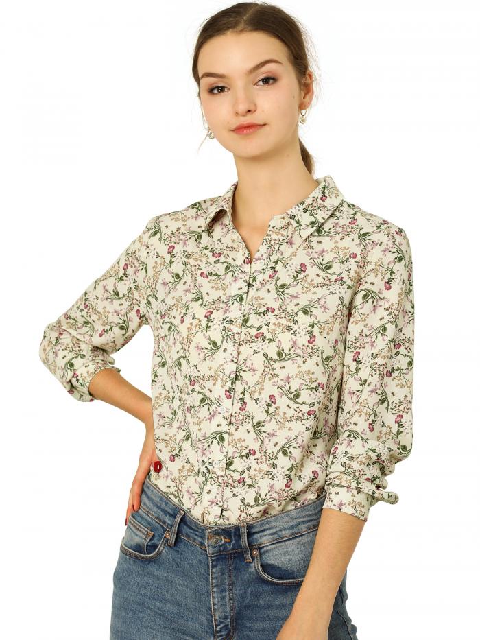 Allegra K 花柄シャツ ブラウス 長袖 おしゃれ ボタンダウン 通勤 オフィス カジュアル レディース ベージュ 3XL