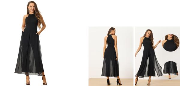 Allegra K レディース ジャンプスーツ ノースリーブ ホルターネック ベルト付き エレガント ウェディング ドレッシー ジャンプスーツ ブラック XL