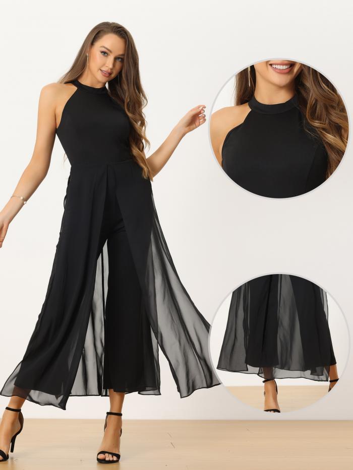 Allegra K レディース ジャンプスーツ ノースリーブ ホルターネック ベルト付き エレガント ウェディング ドレッシー ジャンプスーツ ブラック XL