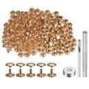 uxcell 200セットのレザーリベット 12mm x 10mm メタルダブルキャップリベットスナップスタッズファスナーと3個の設置ツール レザークラフトDIY修理装飾用 ライト金色トーン