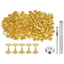 uxcell 200セットのレザーリベット 9mm x 8mmの金属製ダブルキャップリベットスナップスタッズファスナーと3個の取り付けツール レザークラフトDIY修理装飾用 金色トーン