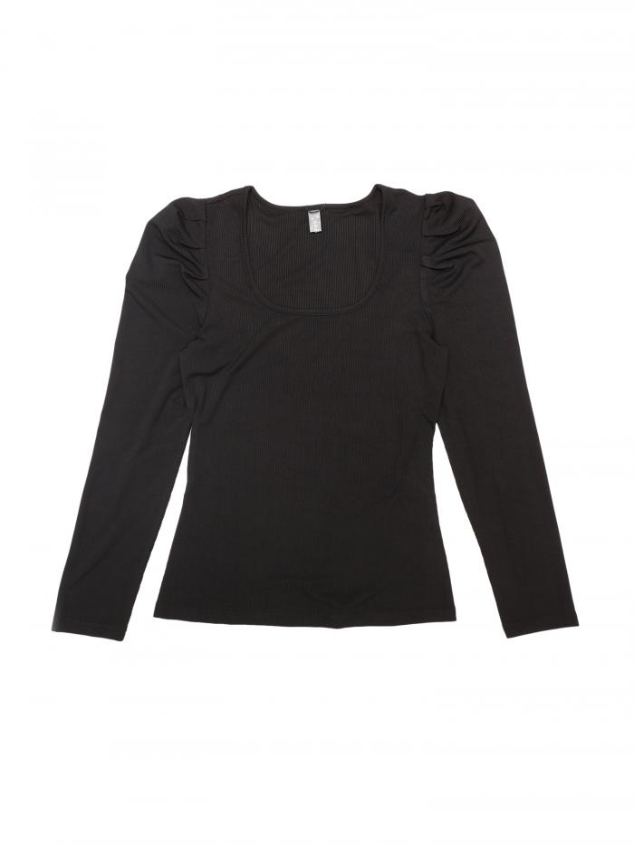 Allegra K パフスリーブトップス レディース スクエアネック 長袖 カジュアル ベーシック リブ チュニック ブラウス ブラック XS