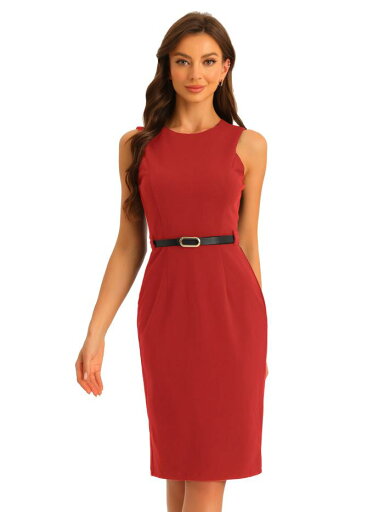 Allegra K シースドレス ラウンドネック ノースリーブ 無地 ドレス ベルト付き オフィス 通勤 レディース レッド XL Allegra K シースドレス ラウンドネック ノースリーブ 無地 ドレス ベルト付き オフィス 通勤 レディース レッド XL