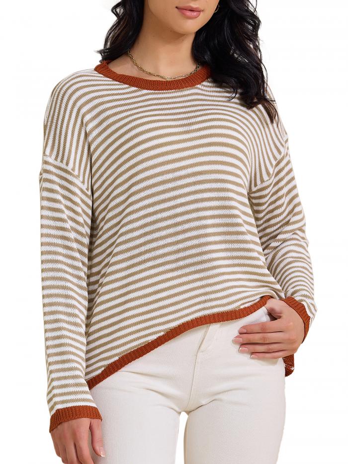 Allegra K レディース ストライプセーター カジュアル カーブヘム ドロップショルダー セーター プルオーバー トップス カーキ 2XL