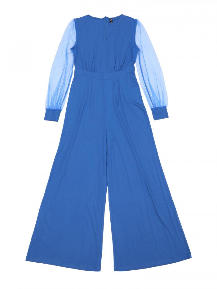 Allegra K ジャンプスーツ ワイドレッグ ロンパース エレガント V ネック メッシュ長袖 ルーズ パーティー レディース ブルー XS