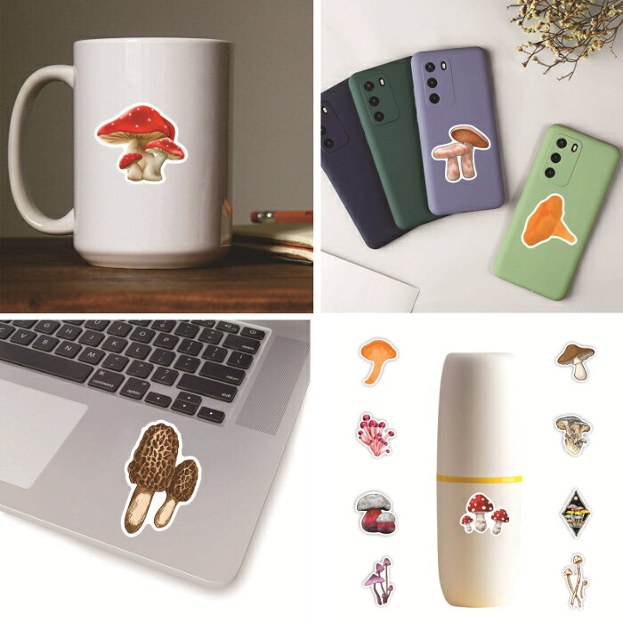 50枚入 耐水きのこのステッカー 4type/ キノコ ステッカー フレークシール コラージュ テープ シール ラッピング デコレーション ステーショナリー スクラップブッキング きのこ 雑貨【きのこ雑貨】の商品画像 2