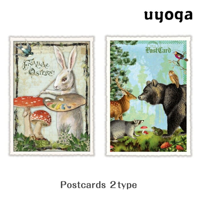 ラメ&ダイカット加工 ポストカード 2Type ハッピーイースター・森の動物 / ドイツ ベニテングタケ きのこ キノコ うさぎ ウサギ クマ 熊 シカ 鹿 カ...