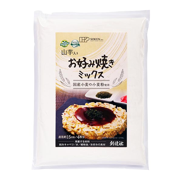 国内産原料100％・動物性原料＆砂糖＆食塩不使用、純植物性のこだわりのお好み焼き粉です。■国内産小麦の風味を活かし、小麦澱粉・山芋粉・昆布粉末を加えておりますので、ご家庭で簡単にふんわりとした食感のお好み焼きがお作りいただけます。 (原材料は全て国内産100％です。) ■化学調味料・砂糖・食塩を使用しておりませんので、お好みの具材のおいしさを一層お楽しみいただけます。 ■動物性原料は使用しておりません。 ■大阪風・広島風どちらのお好み焼きもお作りいただけます。 原材料： 小麦粉（北海道）、小麦澱粉（主に北海道、岩手）、山芋粉（石川）、昆布粉末(北海道） 賞味期限： 6ヶ月 商品タグ：プラントベース &gt;&gt;創健社の粉・雑穀類の商品一覧創健社の自然食品・雑貨など約700アイテム 合成食品添加物なし。創健社のトップページへ 創健社の自然食品は出来るだけ新鮮なものをお届けするために、ご注文後に取り寄せを致します。そのため「速攻発送サービスの枠外」とさせていただきますこと、ご了承くださいませ。