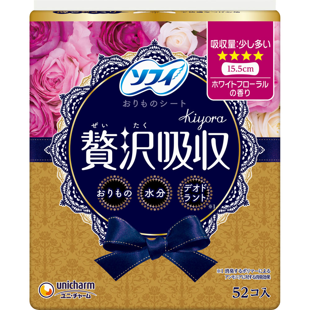 ソフィKiyora　贅沢吸収　ホワイトフローラルの香り　少し多い日用 52枚［生理用品　シート］