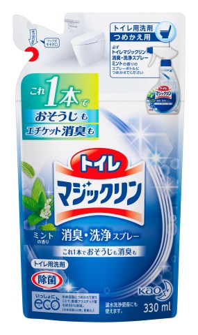 花王　トイレマジックリンスプレーミント替　330ml○リニューアル等により、パッケージ画像は予告なく変更されることがあります。お届けの商品と異なる場合がございますのでご了承ください。○これ1本で便器内の「洗浄」はもちろん、「トイレ直後の消臭」や「便器の床の拭き掃除」にも使えるとても便利なトイレクリーナーです。香りはすっきりとしたミントの香り。内容量330ml使い方便器内・・・約3回噴射床・便器まわり・・・1m2に対して約3回噴射成分界面活性剤（5％脂肪酸アミドプロピルベタイン）、金属封鎖剤、泡調整剤、安定化剤問い合わせ先花王株式会社消費者相談室0120−165−693