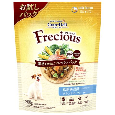 グラン・デリ　フレシャス（Frecious）　アダルト低脂肪　チキン＆ビーフ　200g○リニューアル等により、パッケージ画像は予告なく変更されることがあります。お届けの商品と異なる場合がございますのでご了承ください。○素材を美味しくフレッシュパックした国産プレミアムドッグフードです。遠赤外線で焼き上げた粒とフリーズドライ・エアドライの素材を、酸化を防ぐ鮮度維持包装をすることで、いつでも美味しくワンちゃんが喜びます。体重が気になる愛犬向けの低脂肪設計で、愛犬が大好きなチキン＆ビーフ入りです。原材料穀類（トウモロコシ、小麦粉、パン粉、コーングルテンミール）、肉類（チキンミール、チキンエキス、乾燥ささみ加工品、ビーフミール、ポークミール、ビーフ）、魚介類（フィッシュミール、フィッシュエキス、まぐろミール、かつお節）、豆類、野菜類、動物性油脂、セルロースパウダー、ビール酵母、ミネラル類、ビタミン類、調味料、アミノ酸類、酸化防止剤栄養成分タンバク質：22．0％以上、脂質：9．0％以上、粗繊維：4．5％以下、粗灰分：8．5％以下、水分：10．0％以下、カロリー：約355kcal／100gあたり問い合わせ先ユニ・チャームペットケアお客様相談ダイアル0120−810−539