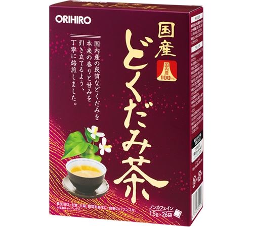 国産どくだみ茶100％　26包○リニューアル等により、パッケージ画像は予告なく変更されることがあります。お届けの商品と異なる場合がございますのでご了承ください。○本品はどくだみ100％の使いやすいティーバッグタイプのお茶です。国産のどくだみを原料に、国内の工場で製品化していますので、食品の安全が気になる方にも安心してご利用いただけます。ノンカフェインですので、お休み前のリラックスタイムにもおすすめです。毎日の健康管理にお役立ていただけます。内容量26包食べ方★煮出してのご利用よく沸騰している約500mLの熱湯に本品1袋を入れ、5〜10分間を目安に弱火で煮出してください。煮出す時間はお茶の色や香りでお好みによって調節してください。程よい色と良い香りが出ましたら、火を止めてポットで保温するか冷蔵庫で冷やしてお召し上がりください。煮出した後、ティーバッグをそのまま入れておきますと、苦みが出てくることがありますので、必ず取り出してポットなどに移してください。★急須をご使用の場合温めた急須に本品1袋を入れ熱湯を注ぎ、5〜10分ほどじっくりと蒸らしてお好みの濃さでお召し上がりください。原材料どくだみ製造元オリヒロ問い合わせ先［受付時間］9：30〜17：00（土・日・祝祭日は除く）［フリーダイヤル］0120−87−4970区分健康食品原産国日本広告文責中部薬品株式会社0120-937-190