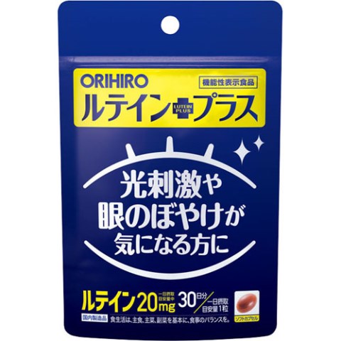 オリヒロ　ルテインプラス　30粒○リニューアル等により、パッケージ画像は予告なく変更されることがあります。お届けの商品と異なる場合がございますのでご了承ください。○機能性関与成分：ルテイン20mg／一日摂取目安量　1粒本品にはルテインが含まれます。ルテインは健康な方の眼の黄斑色素量（黄斑色素光学密度）を維持する働きがあり、ブルーライトなどの光刺激からの眼の保護や、コントラスト感度改善によるぼやけの解消に役立つことが報告されています。食べ方一日1粒を目安に水またはお湯と共にお召し上がりください。原材料サフラワー油／ゼラチン、グリセリン、マリーゴールド色素、ミツロウ、グリセリン脂肪酸エステル栄養成分製品1粒（340mg）中・熱量・・・2．4KcaL・たん白質・・・0．094g・脂質・・・0．21g・炭水化物・・・0．023g・食塩相当量・・・0〜0．02g区分サプリメント原産国日本広告文責中部薬品株式会社0120-937-190